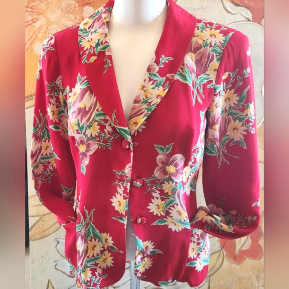 90s BETSEY JOHNSON Red Floral Cottage Country  Victorian Garden Blazer Jacket